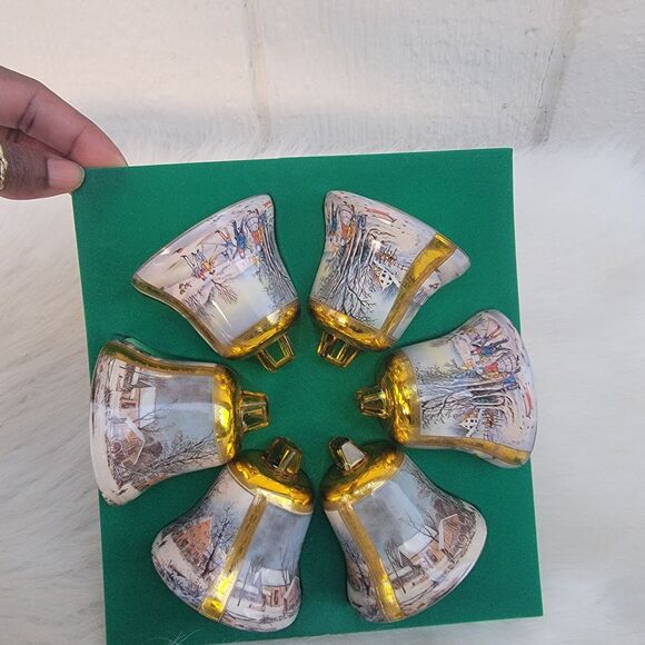 Vintage Currier & Ives 6 Plastic Bell Ornament Set W/ Box Season's Greetings - Picture 2 of 4